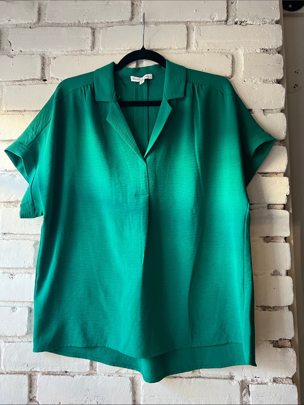 Bright Teal Short-Sleeve V-Neck Tunic Blouse wrinkle resistant open neck